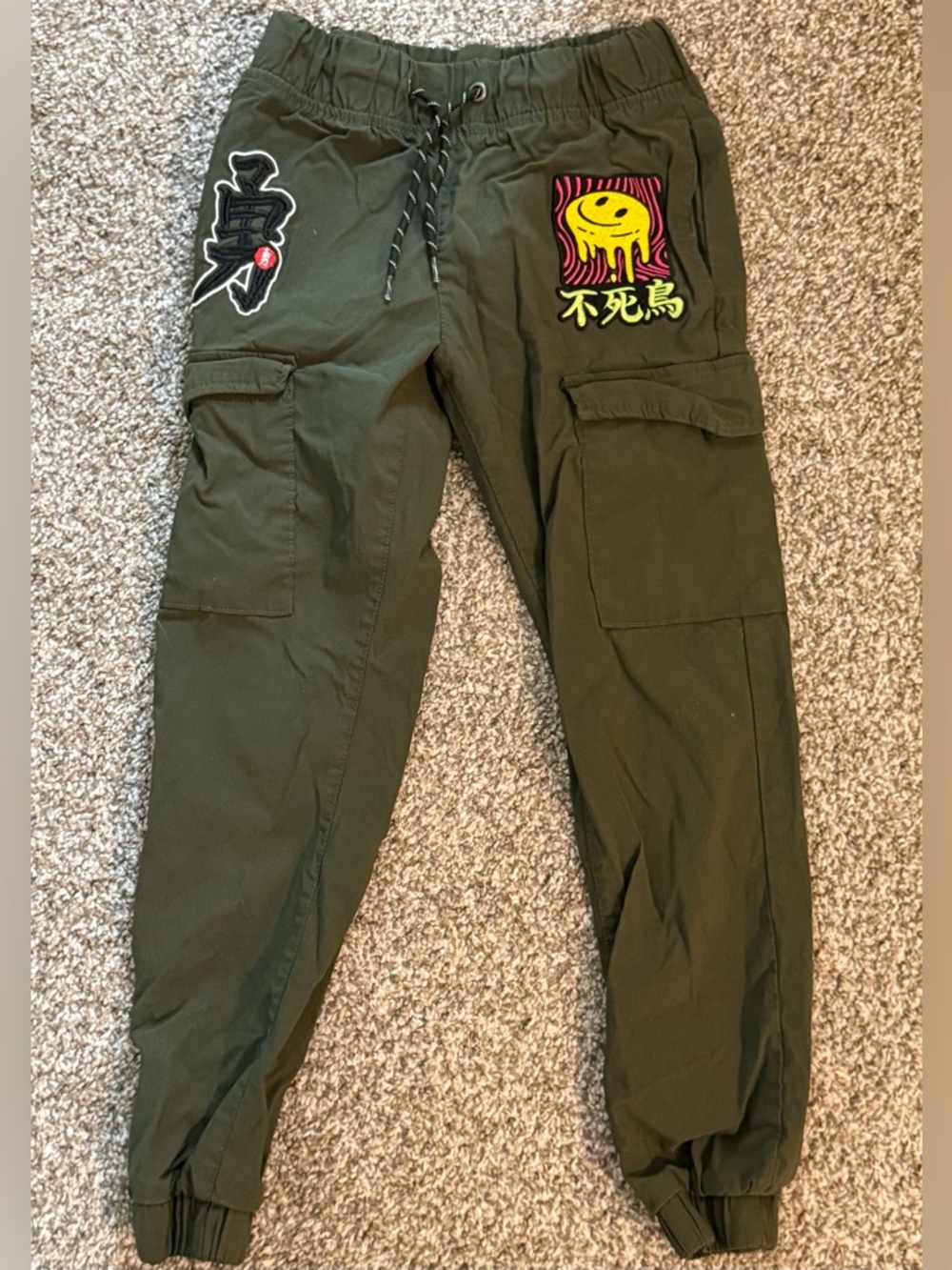 Boys Ring Of Fire Jogger Pants ~ Green w/ Patches ~ Size 10